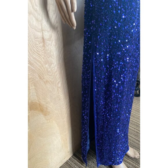 1990s Scala Royal Blue Sequin One Shoulder Gown Open Back Evening Dress Sz M - Picture 16 of 16